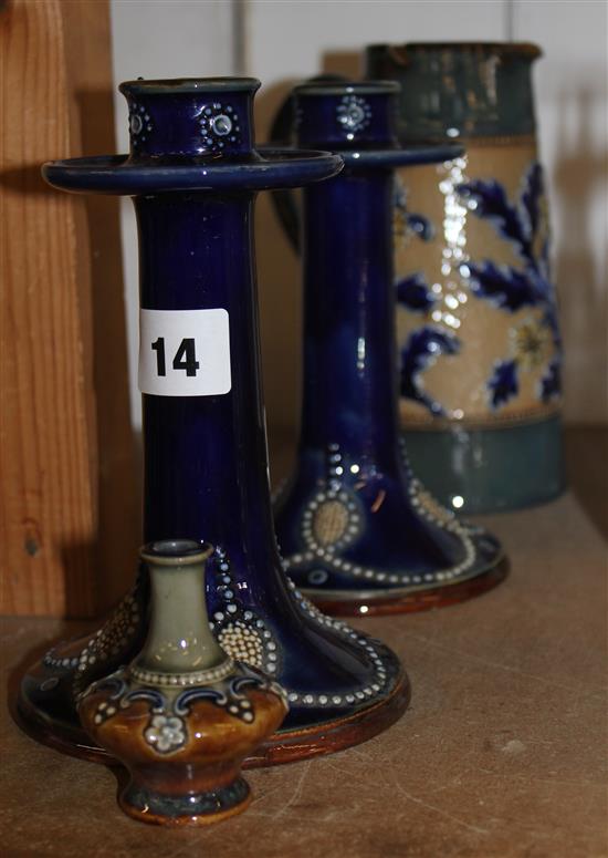 Doulton stoneware pair candlesticks, jug an miniature vase